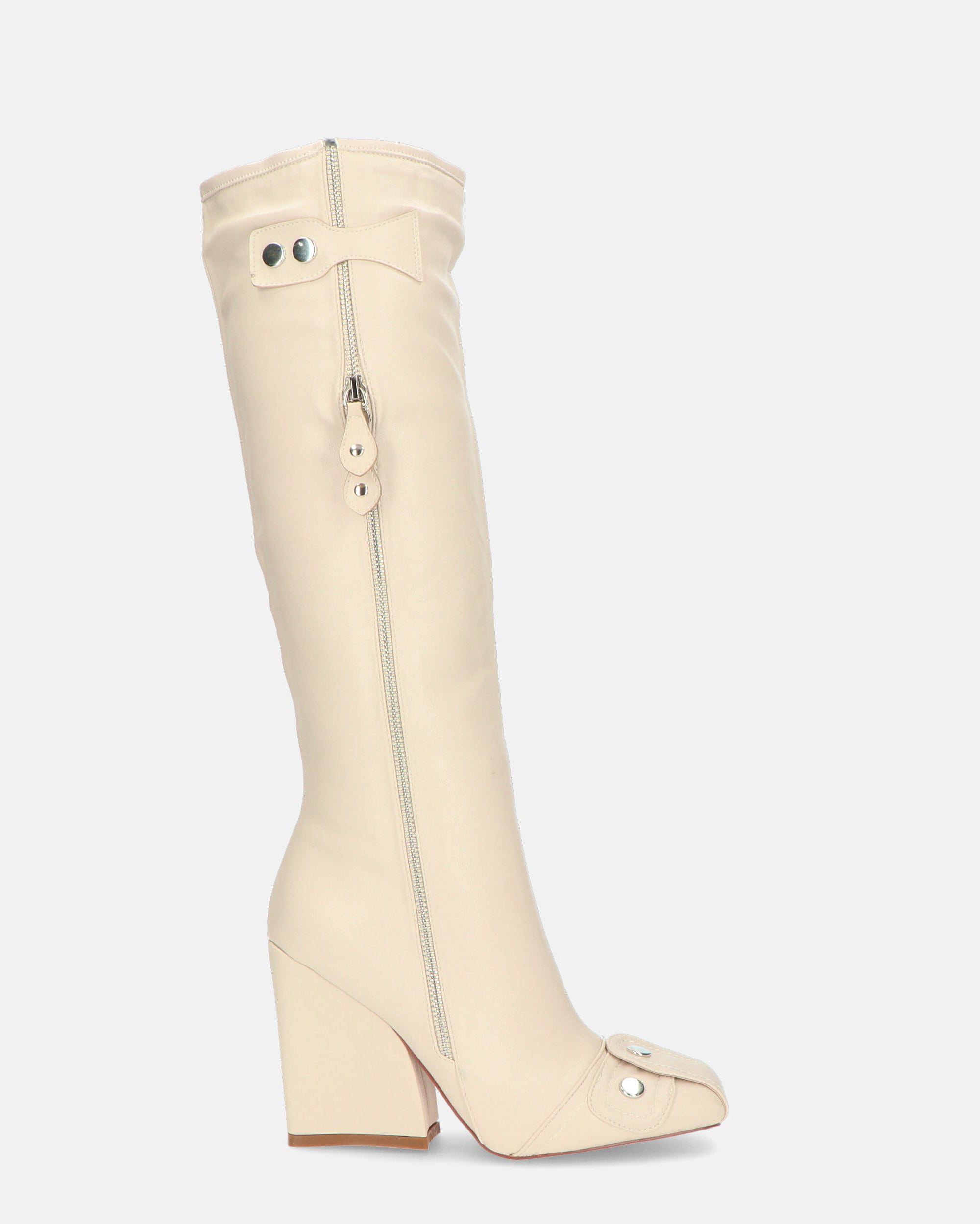 DEVA - stivali alti beige con cerniere e tacco squadrato
