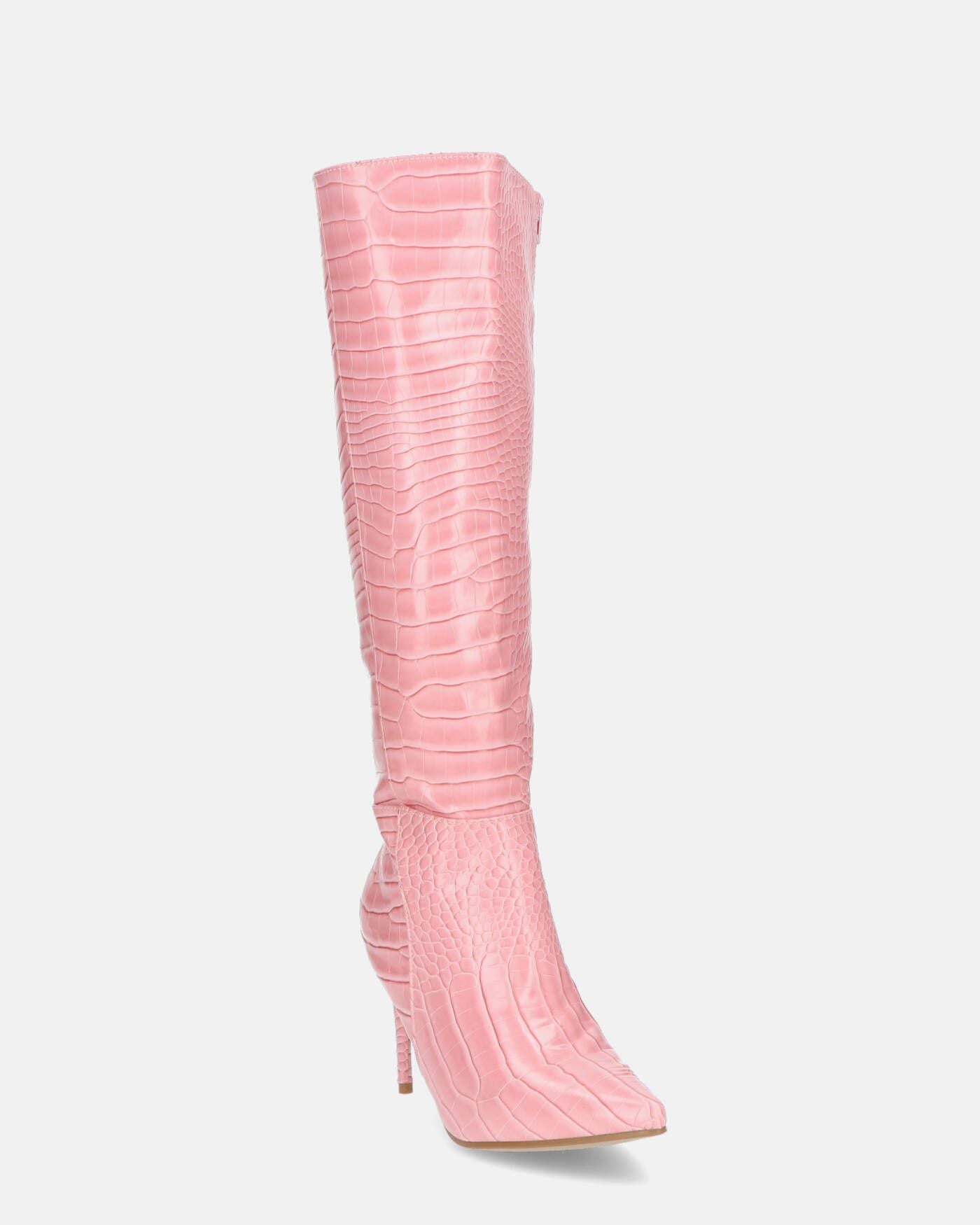 LAILA - stivali alti in ecopelle rosa con trama coccodrillo e cintura laterale