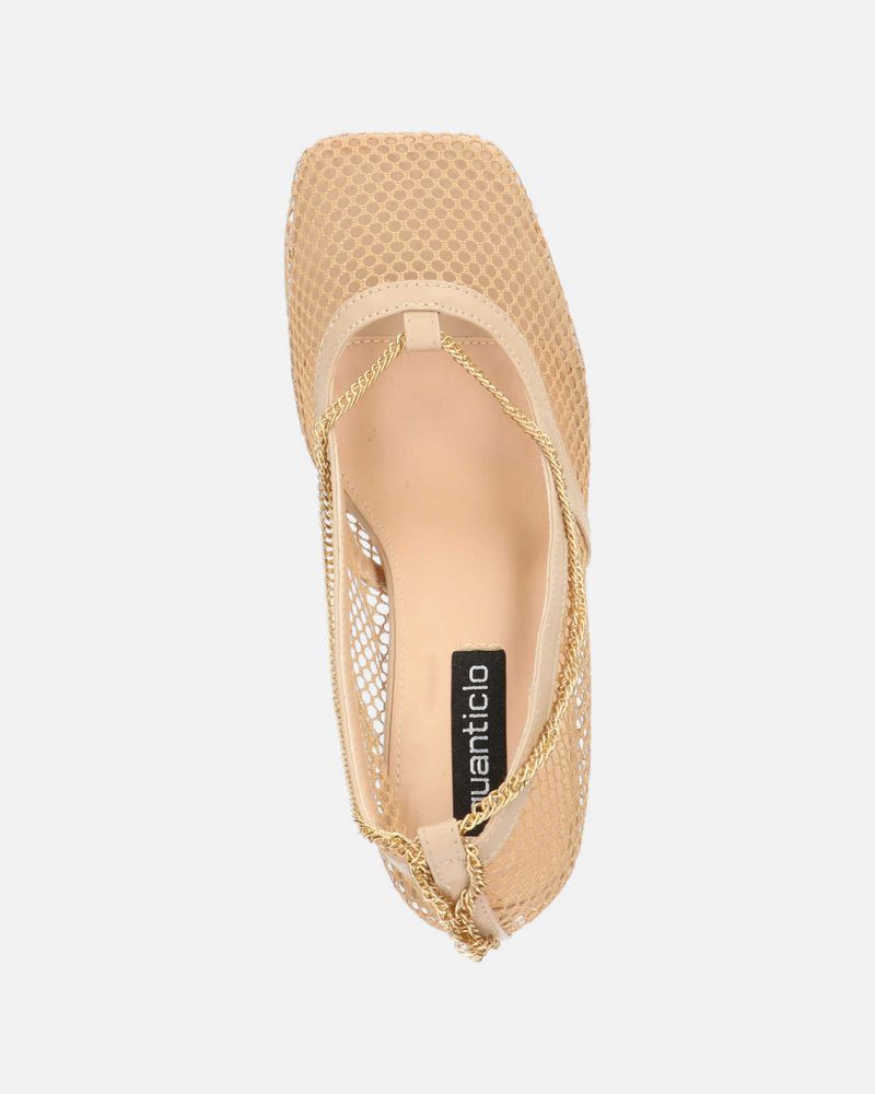 LISBETH - tacco a spillo beige con rete in tessuto e catenina dorata