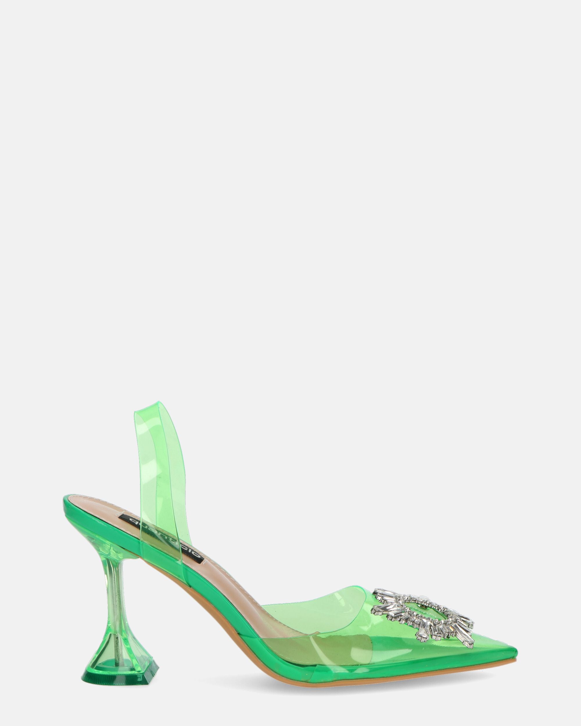 KENAN - scarpe in perspex verde con decorazione di gemme in punta