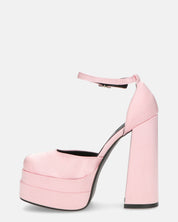DELANEY - décolleté rosa in raso, tacco alto e doppio plateau