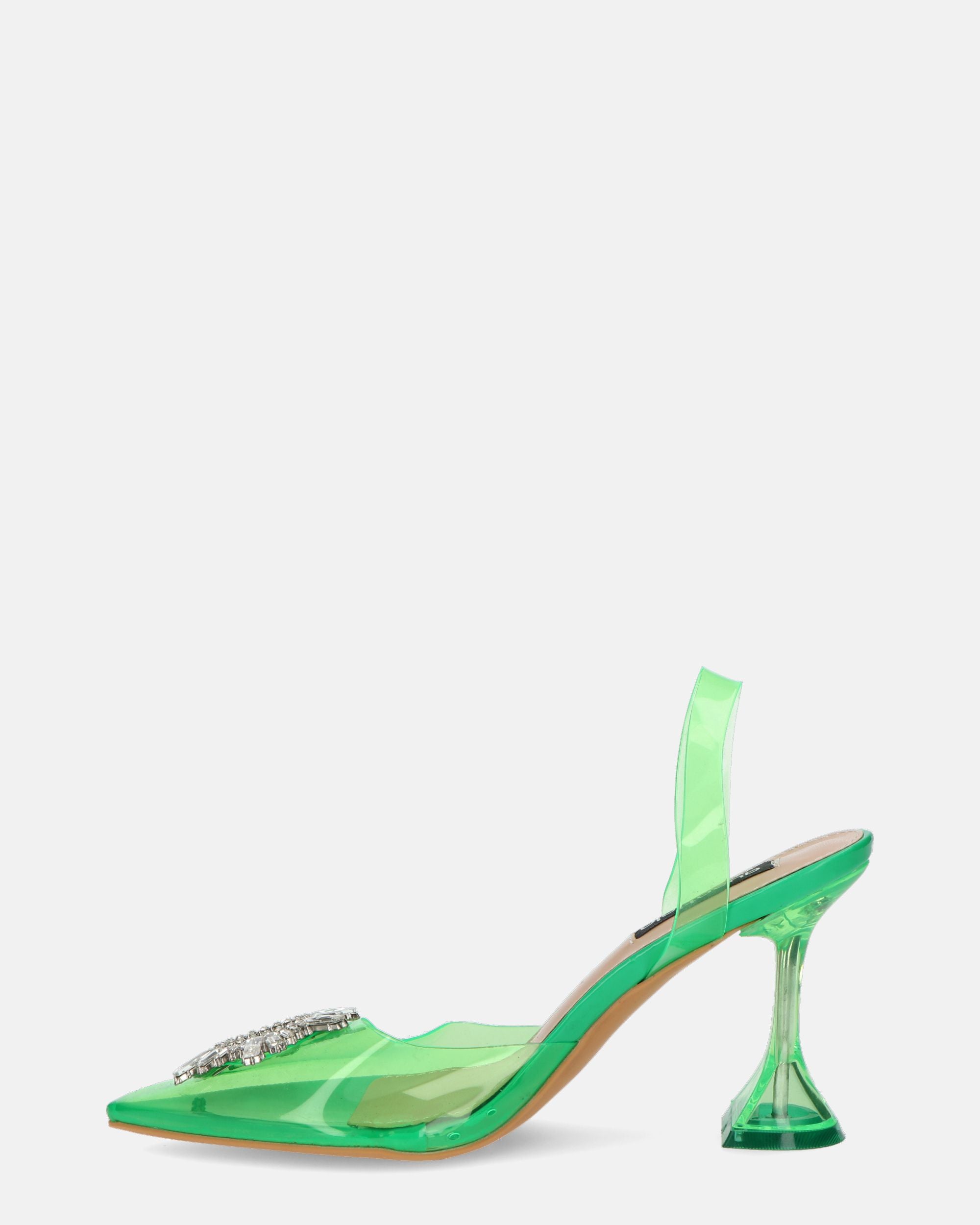 KENAN - scarpe in perspex verde con decorazione di gemme in punta