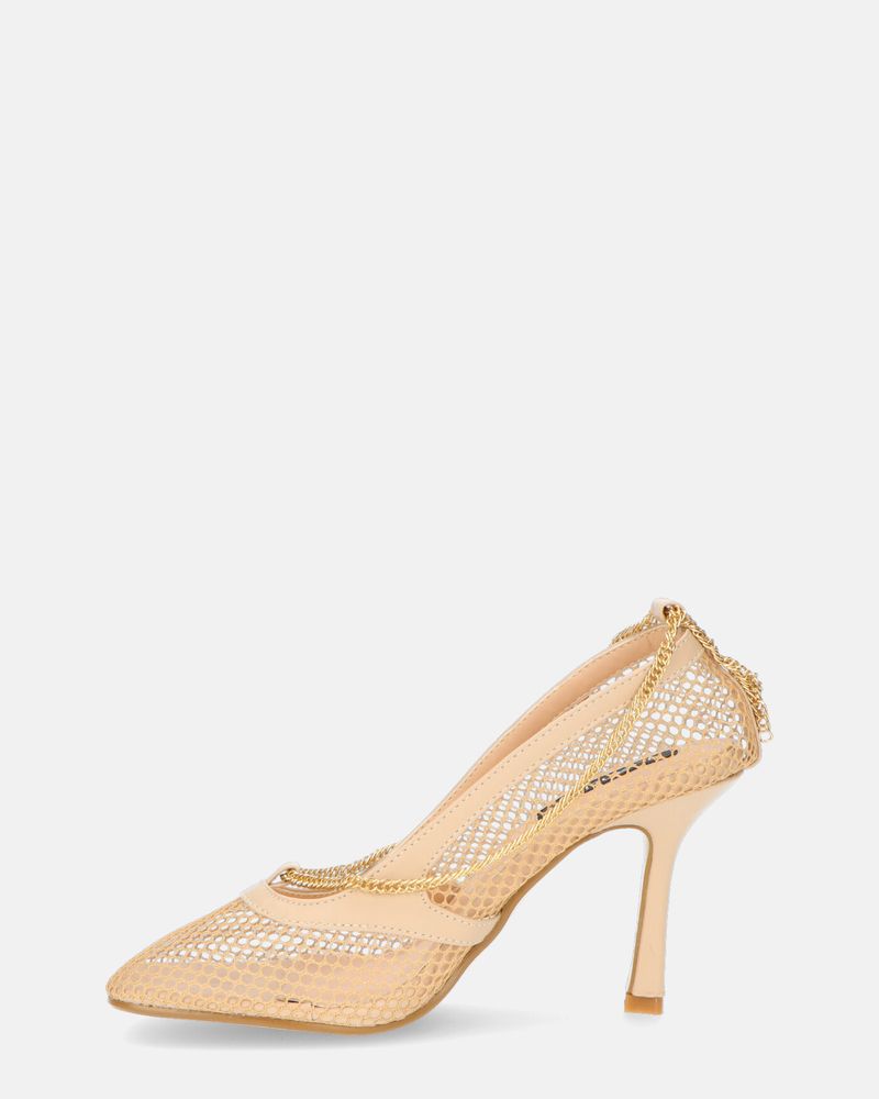LISBETH - tacco a spillo beige con rete in tessuto e catenina dorata