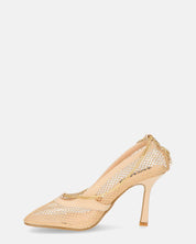 LISBETH - tacco a spillo beige con rete in tessuto e catenina dorata