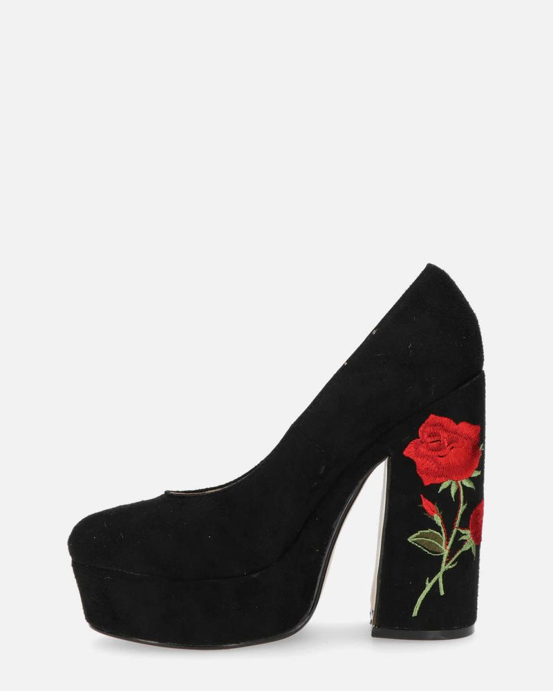CHER - tacco quadrato in camoscio nero con rose ricamate