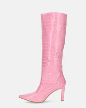CAROLINE - stivale alto con tacco in rosa coccodrillo