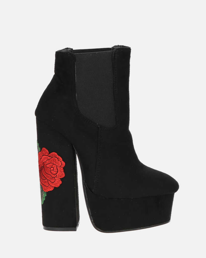 ELIZA - stivaletto con tacco in camoscio nero con rose ricamate