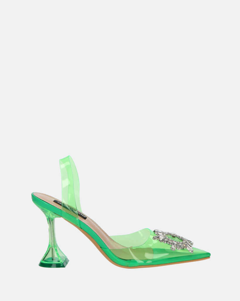 KENAN - scarpe in perspex verde con decorazione di gemme in punta