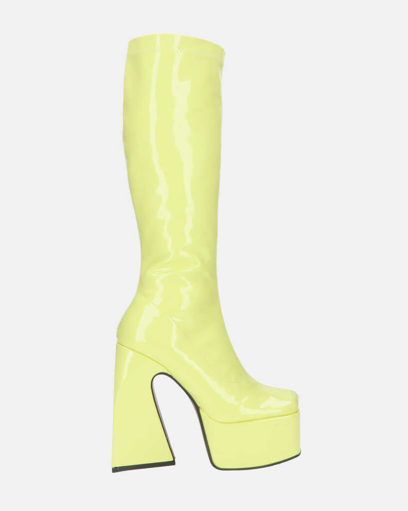 BECKA - stivali alti in glassy giallo con cerniera e tacco squadrato