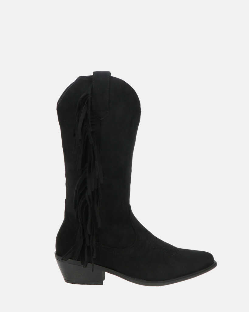 JADYN - stivaletto texano in camoscio nero con frangette