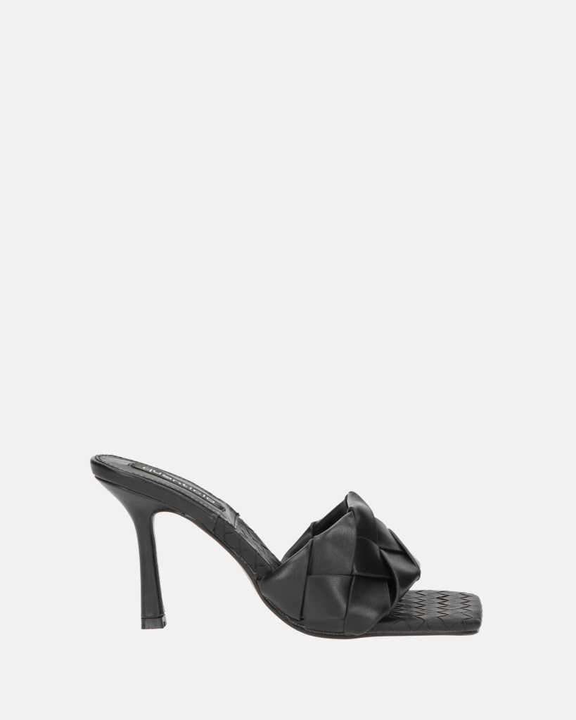 ENRICA - sandalo in pelle nera intrecciata con tacco