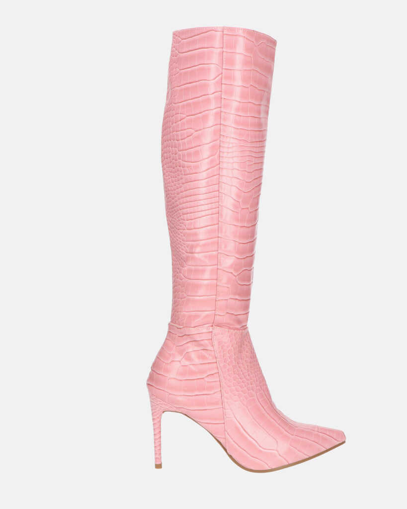 LAILA - stivali alti in ecopelle rosa con trama coccodrillo e cintura laterale
