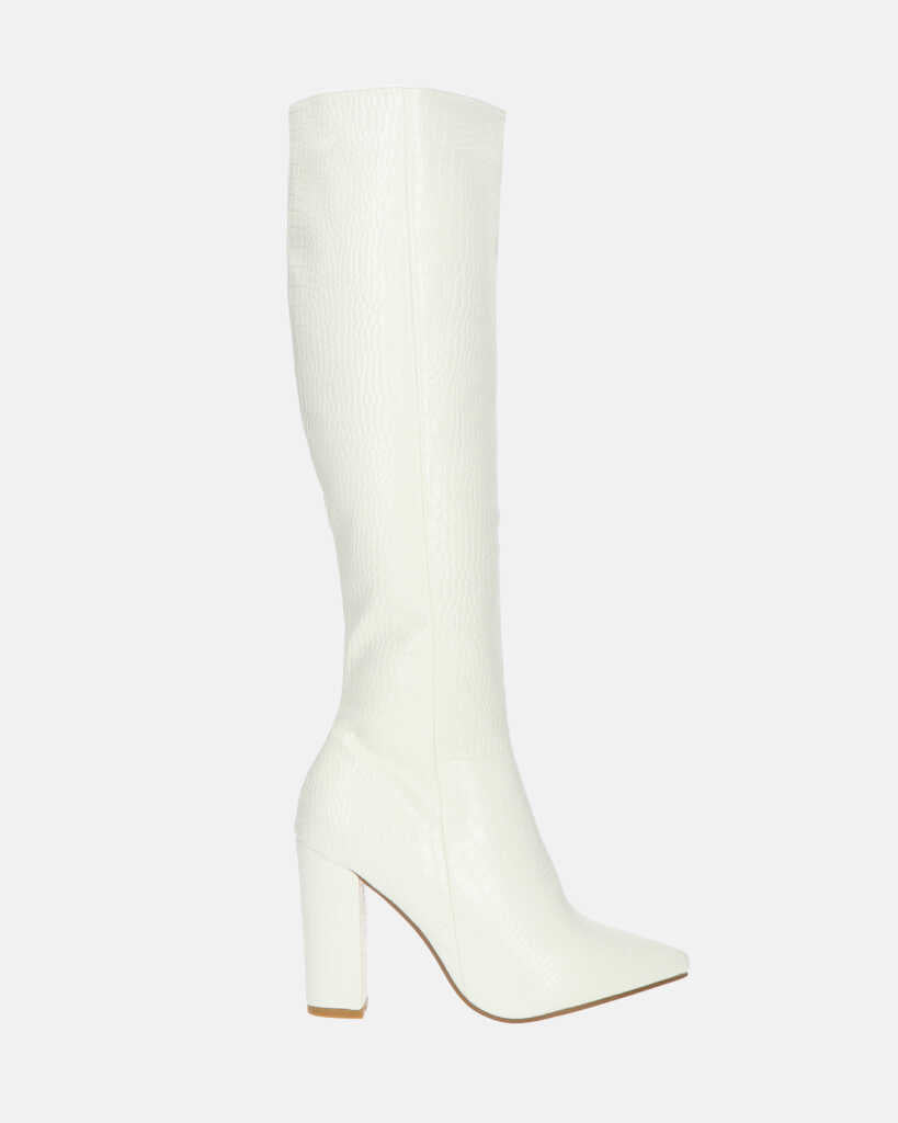 KSENIA - stivali alti bianco con tacco e trama coccodrillo
