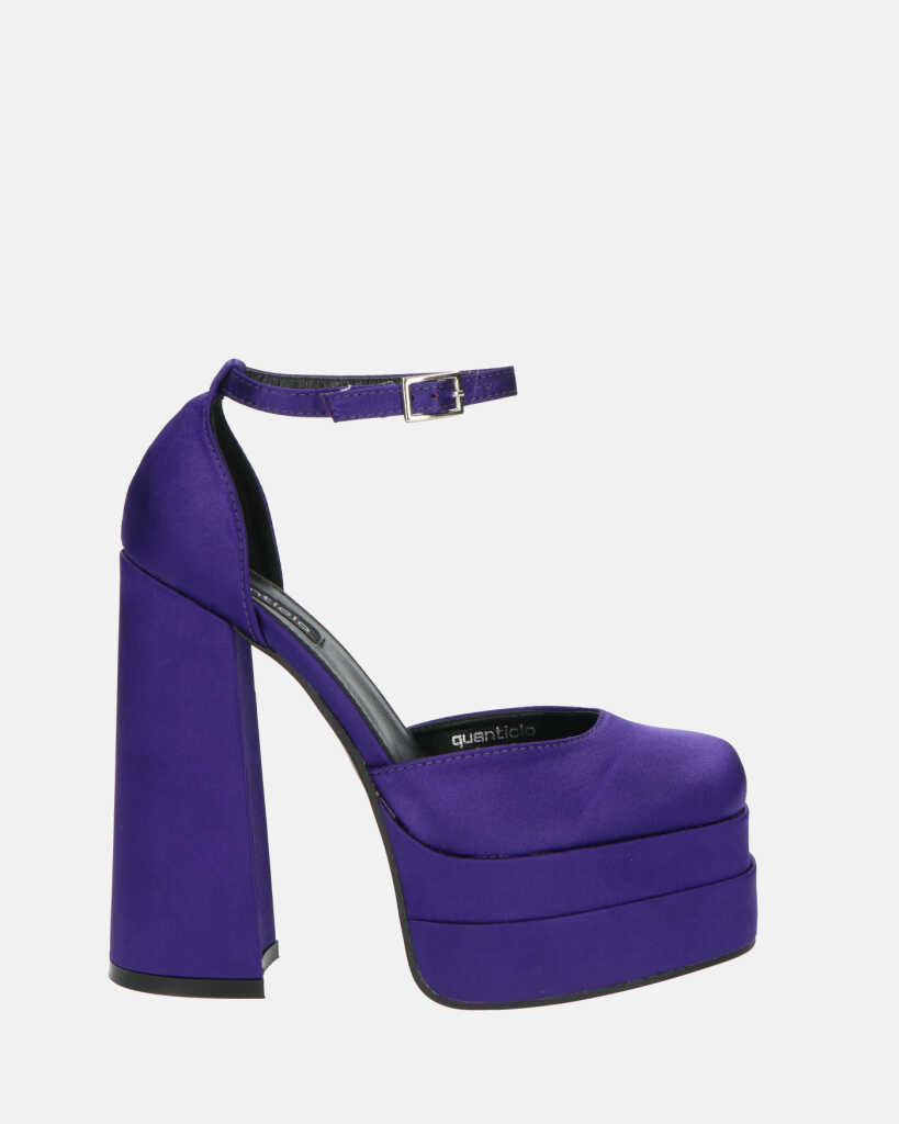 DELANEY - décolleté viola in raso, tacco alto e doppio plateau