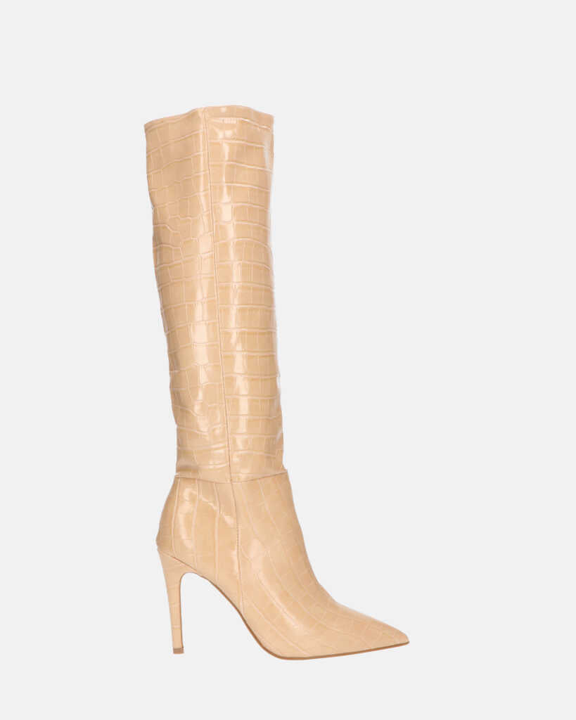 LOLY - stivale con tacco in coccodrillo beige