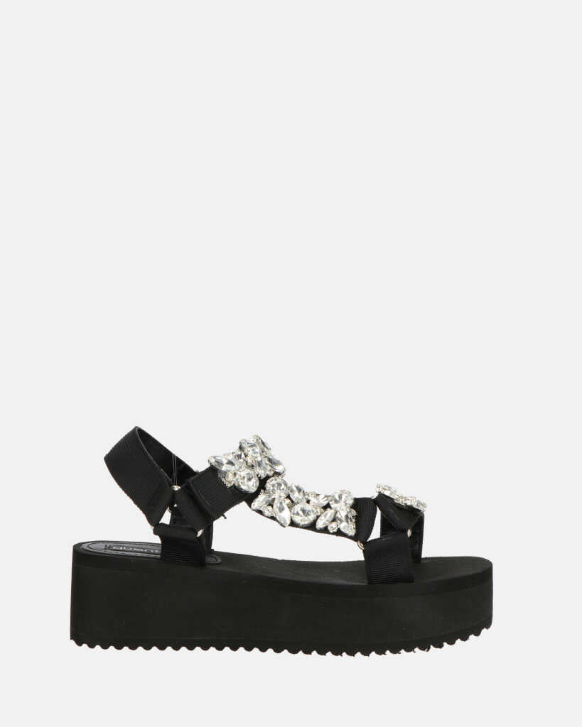 LIZIE- sandalo con plateau in camoscio nero e gemme
