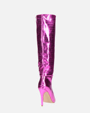LOLY - stivale con tacco in coccodrillo fuchsia metallico