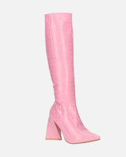 TRUDY - stivali alti con tacco alto in PU rosa con trama coccodrillo