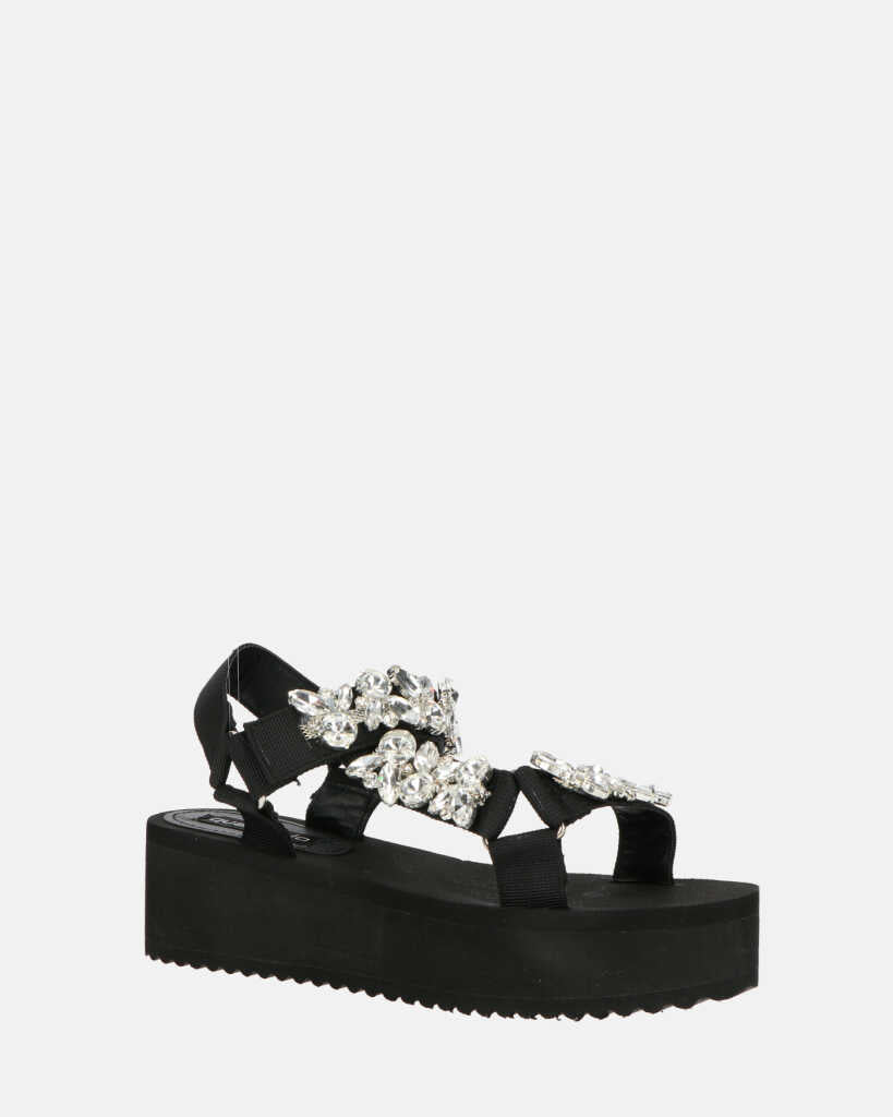 LIZIE - sandalo con plateau in camoscio nero e gemme