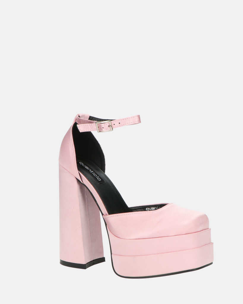 DELANEY - décolleté rosa in raso, tacco alto e doppio plateau