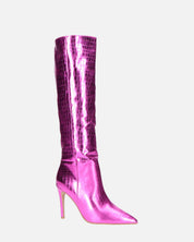 LOLY - stivale con tacco in coccodrillo fuchsia metallico