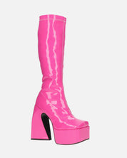 BECKA - stivali alti in glassy fucsia con cerniera e tacco squadrato