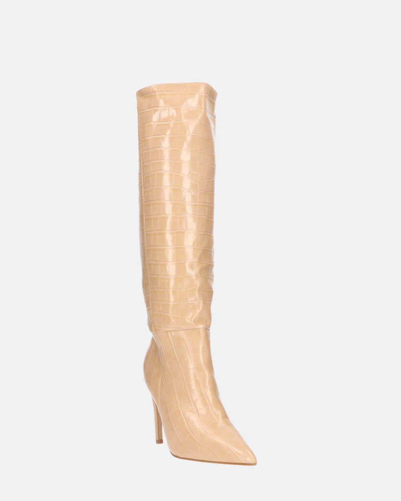LOLY - stivale con tacco in coccodrillo beige