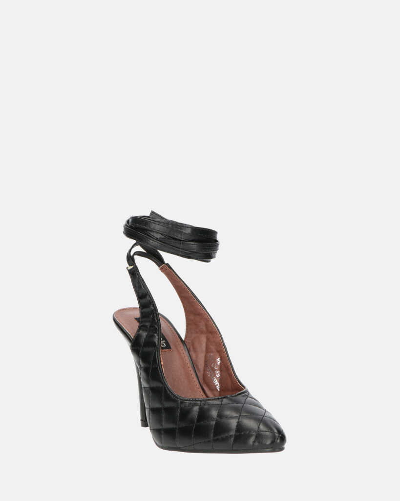 SUZIE - tacco a spillo in nero con lacci ed ecopelle imbottita