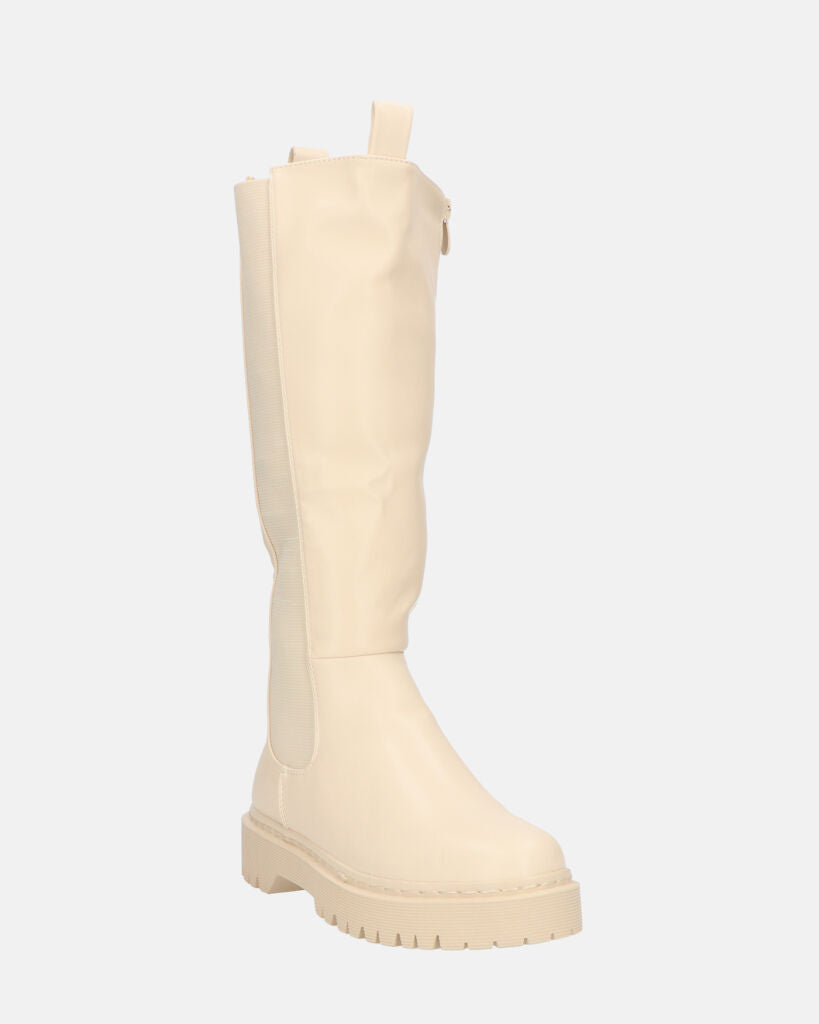 ARIANNA - stivali alti beige con banda elastica e cerniera