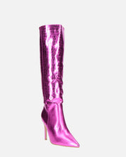 LOLY - stivale con tacco in coccodrillo fuchsia metallico