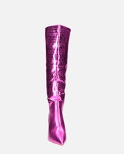 LOLY - stivale con tacco in coccodrillo fuchsia metallico