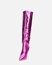 LOLY - stivale con tacco in coccodrillo fuchsia metallico