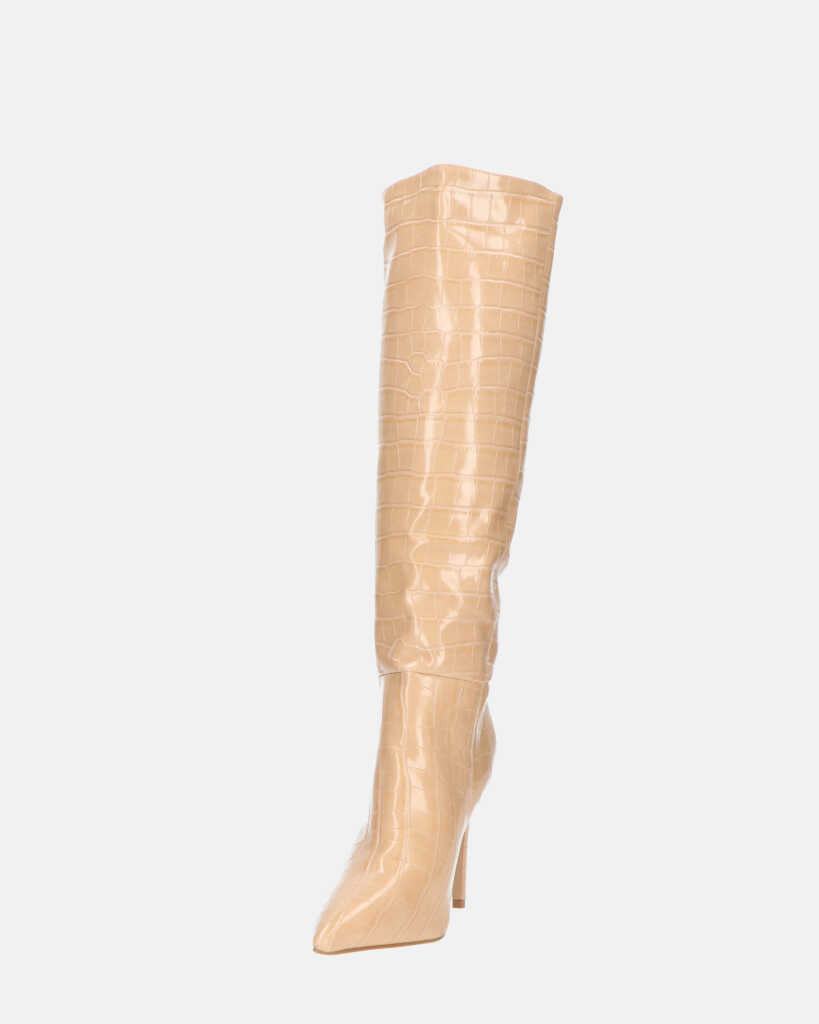 LOLY - stivale con tacco in coccodrillo beige