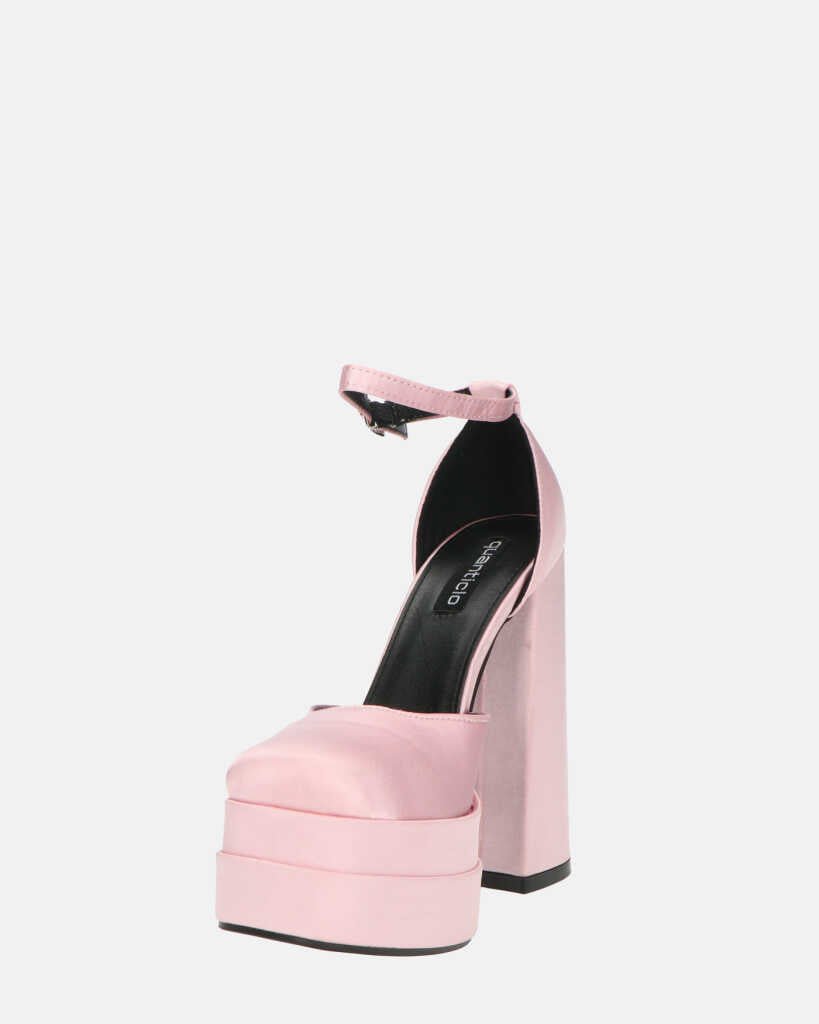 DELANEY - décolleté rosa in raso, tacco alto e doppio plateau