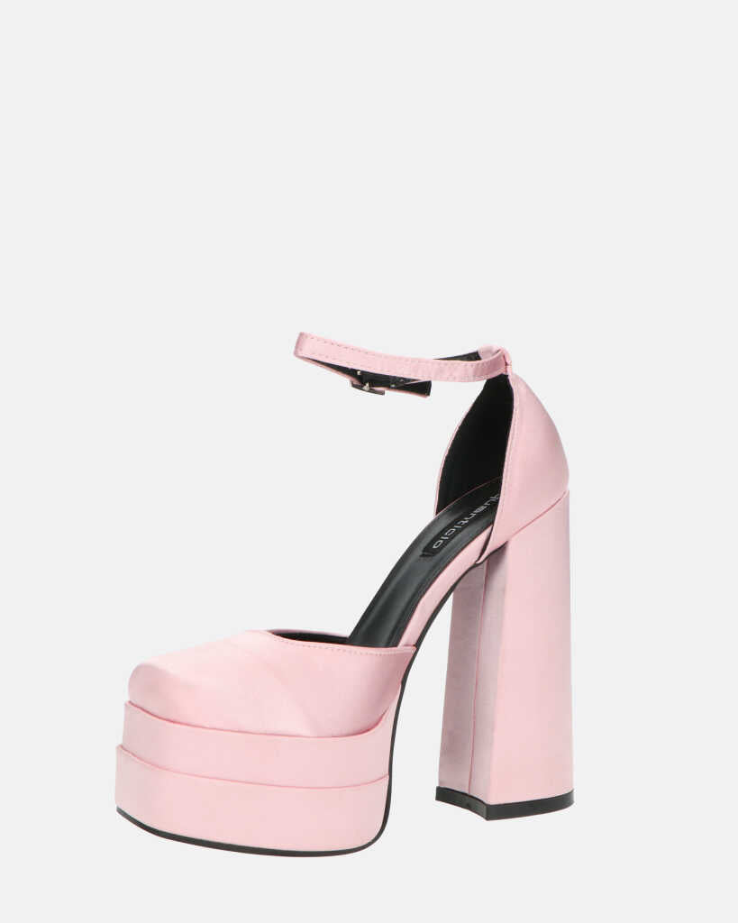 DELANEY - décolleté rosa in raso, tacco alto e doppio plateau