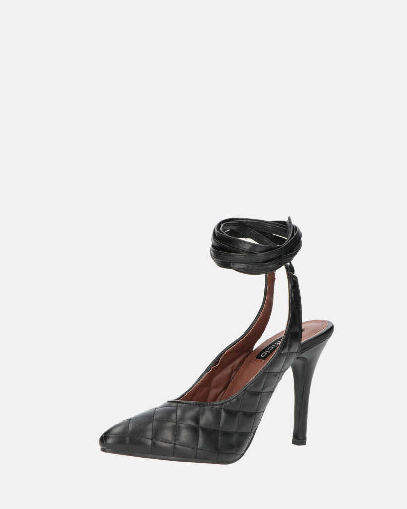 SUZIE - tacco a spillo in nero con lacci ed ecopelle imbottita