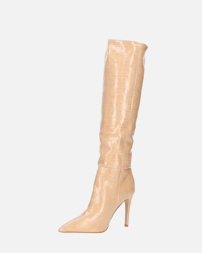 LOLY - stivale con tacco in coccodrillo beige