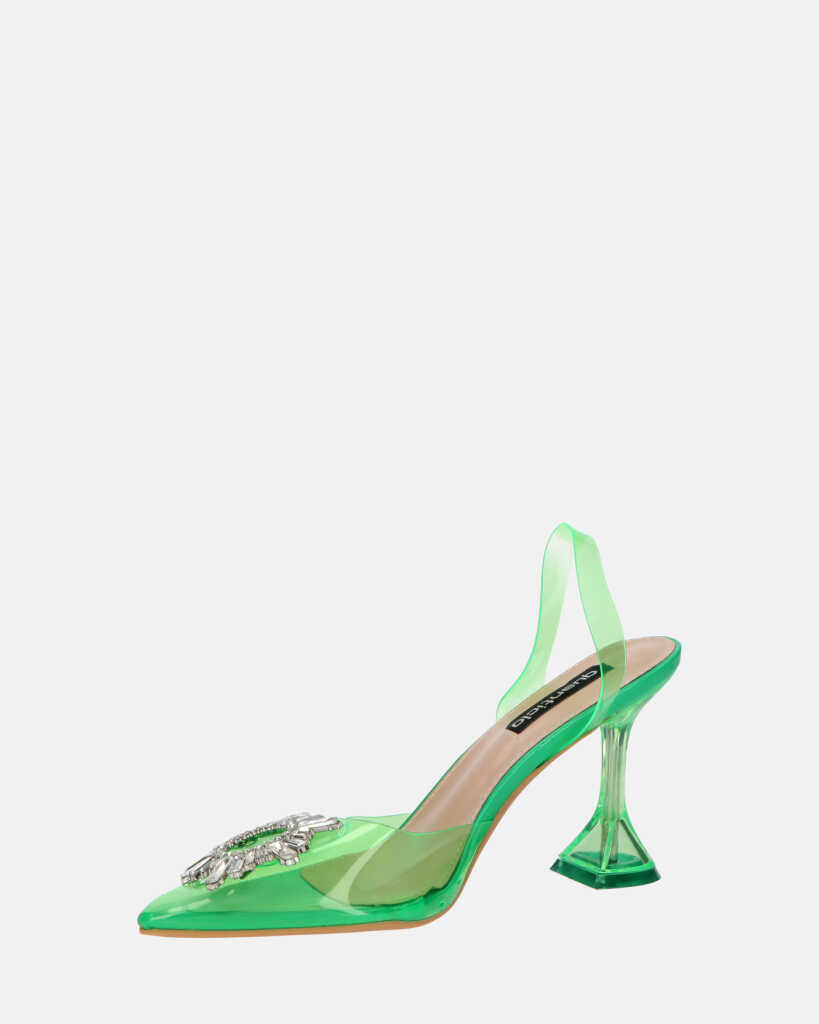 KENAN - scarpe in perspex verde con decorazione di gemme in punta