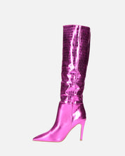 LOLY - stivale con tacco in coccodrillo fuchsia metallico