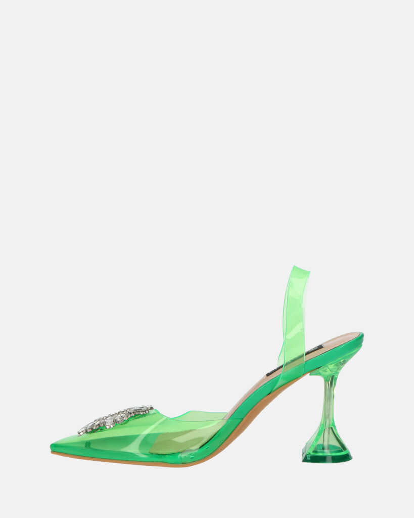 KENAN - scarpe in perspex verde con decorazione di gemme in punta