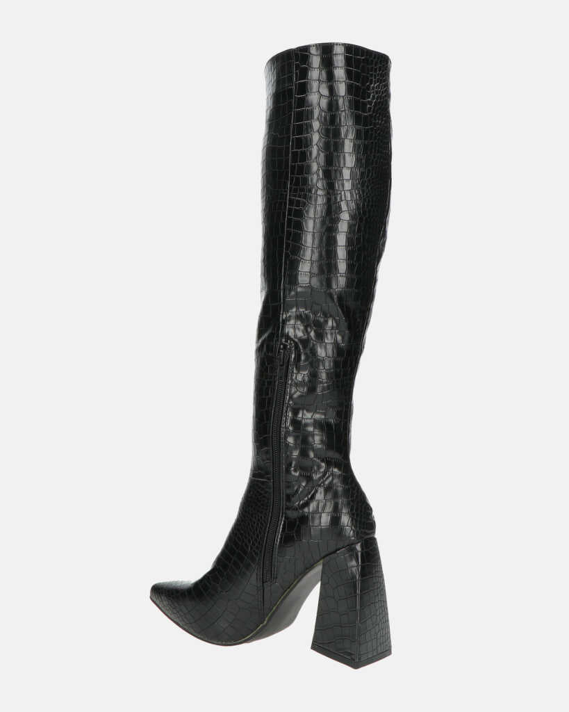 TRUDY - stivali alti con tacco alto in PU nero con trama coccodrillo