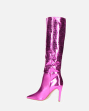 LOLY - stivale con tacco in coccodrillo fuchsia metallico