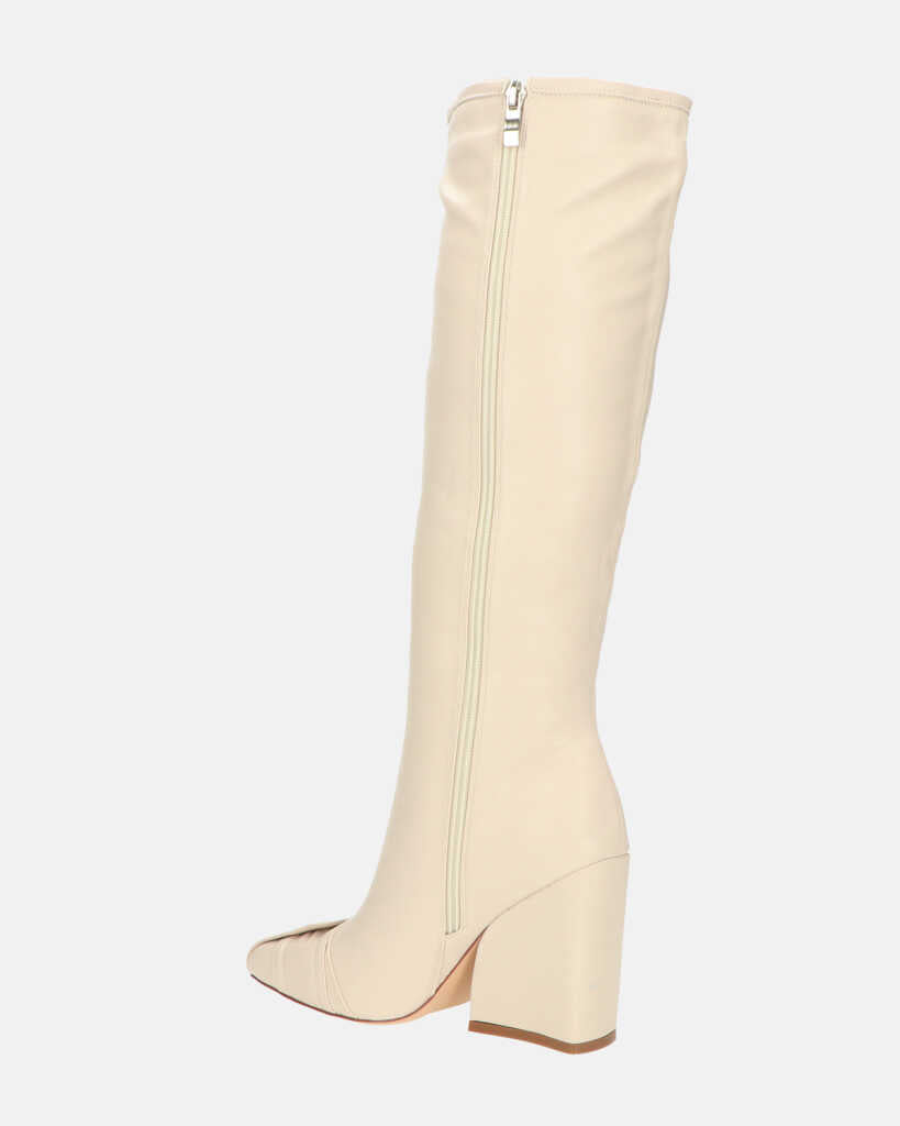 DEVA - stivali alti beige con cerniere e tacco squadrato