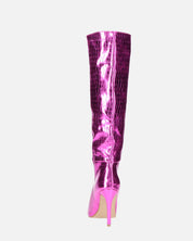 LOLY - stivale con tacco in coccodrillo fuchsia metallico