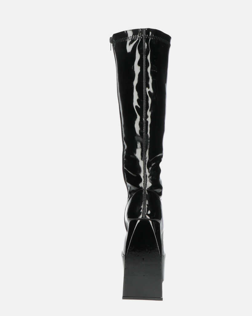BECKA - stivali alti in glassy nero con cerniera e tacco squadrato